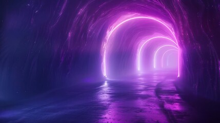 Aufkleber - Neon-lit tunnel with glowing arches, reflecting on wet pavement, creating a surreal atmosphere
