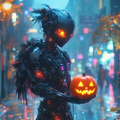 Poster - Sleek cybernetic being mechanical details and feathered embellishments carrying a glowing pumpkin in a neon rainlike setting with reflective ground and scattered Halloweenthemed items