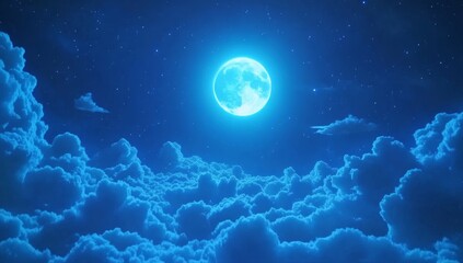 Wall Mural - Full moon shining above clouds at night, starry sky background, ideal for fantasy or dream themes