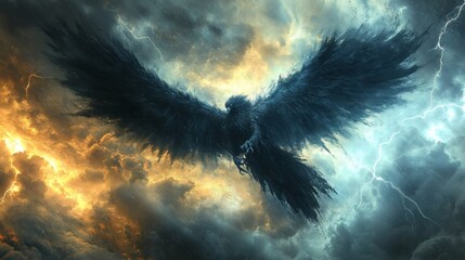 Fototapete - Stormy sky a demonic avian figure immense black wings lightning and swirling clouds as it commands the winds