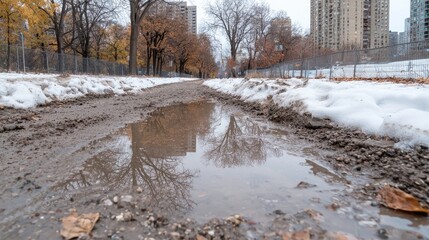 Wall Mural - Winter puddle reflects trees, city skyline