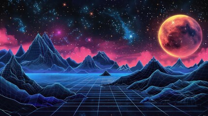 Aufkleber - Futuristic landscape with neon mountains, starry sky, and a large red planet in the background