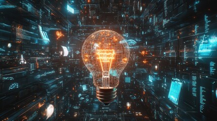 A bright idea light bulb surrounded by an intricate network of binary code and AI algorithms, floating in a virtual space filled with holographic displays of machine learning models, real-time data