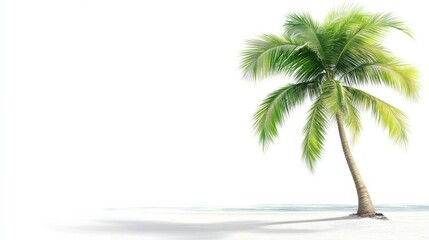 Single isolated palm tree with long green leaves on a clean white background