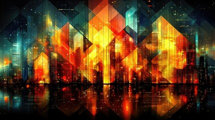 Poster - Abstract Cityscape at Night Glowing Buildings Reflection