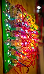 Fototapete - Colorful LED circuit board with tangled wires on display at tech event