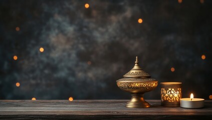 Festive incense burner, candle, dark bokeh