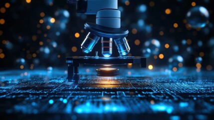 Poster - Microscope analyzing microchip with glowing circuits.