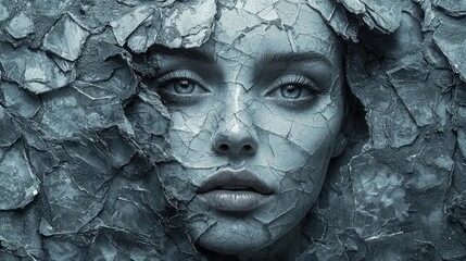 Poster - Shattered Ethereal Portrait Captivating Composite Face Emerging from Reflective Glass Fragments