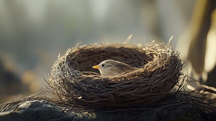 Wall Mural - a solitary bird rests peacefully within its intricately woven nest bathed in gentle light