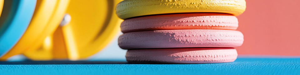 Poster - Stack of Four Pastel-Colored Discs on Blue Surface