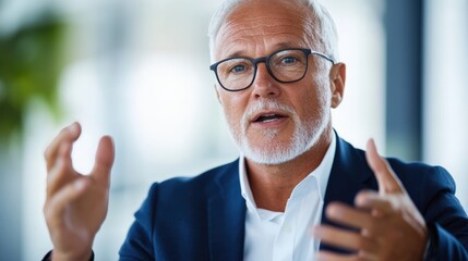 Wall Mural - An experienced business leader gesturing while speaking, with ample negative space around for text overlays