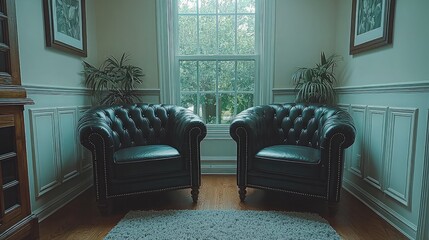 Elegant library, two armchairs, window view, peaceful home office.