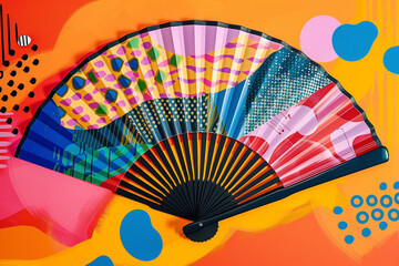 Poster - Colorful handheld paper fan, featuring vibrant geometric patterns and abstract designs.