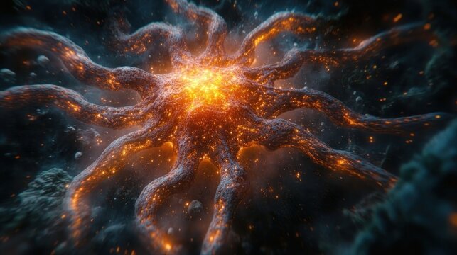 Fiery, glowing, organic structure erupting.