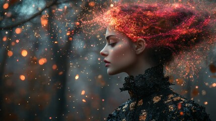Poster - Surrealistic image of gothicpunk lady in a forest during fall her hair interwoven with neon fiber optics The background features gilded patinaed elements in pink gold and bronze