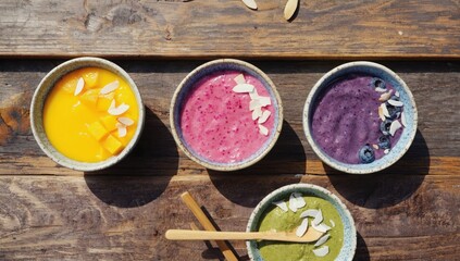 Wall Mural - Colorful smoothie bowls on wooden table, sunny day.  Healthy breakfast, food blog use