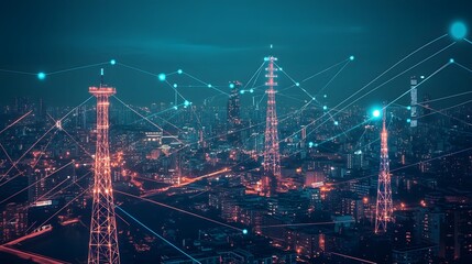 Poster - a cityscape with many tall buildings and a lot of lines connecting them. the image has a futuristic 