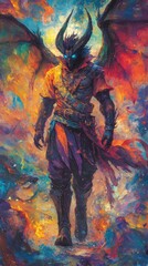 Poster - Surrounded swirling colors and illusions a tall muscular demon with batlike wings stands in a distorted reality exuding an aura of power