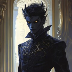 Poster - Tall sleek darkskinned demon prince stands a luxurious dark palace Shadows and glowing eyes create an atmosphere of charm and menace