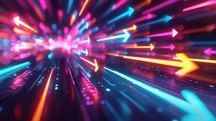 Leinwandbilder - Bright arrows in vibrant colors create abstract concept of directional data flow, symbolizing rapid digital traffic and flow of information in virtual space
