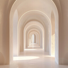 Fototapete - ethereal white hallway with soft curves leading into labyrinth of calm and contemplation, creating serene atmosphere