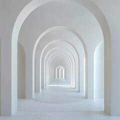 Fototapete - ethereal white hallway with soft curves and arches leading into serene labyrinth of calm and contemplation, creating otherworldly atmosphere