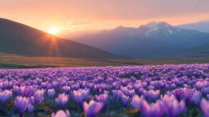 Wall Mural - Vibrant purple crocus field at sunset, mountainous backdrop.