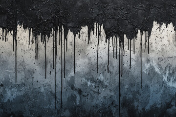 Poster - Grungy abstract pattern showcasing layers of dripping paint in muted tones of black, gray, and dark blue with visible textures and details