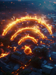 Fototapete - glowing firework in form of wifi symbol brilliantly illuminates dark digital landscape, symbolizing connectivity and explosive impact of technology on society