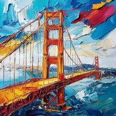 Fototapete - Golden Gate Bridge painted with thick impasto strokes sharp edges and fluid paint Abstract 3D shapes form the iconic structure with the San Francisco cityscape in the background