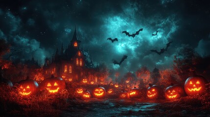 Wall Mural - night scene with haunted house bats in the sky and pumpkins 3d rendering