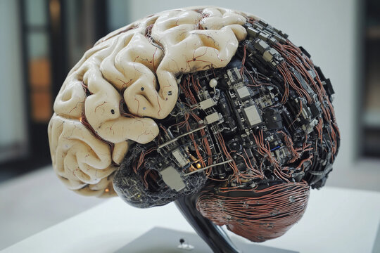 Futuristic brain design featuring circuit board elements merging technology with organic structure