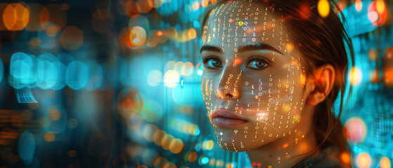 Aufkleber - Cyberpunk female character with digital code on her face, showcasing artistic blend of human features and advanced technology, set against backdrop of holographic data