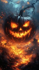 Poster - Pumpkins sinister faces glow casting light on the lava rivers where fiery imps play Bone serpents hiss while spectral wolves and ghostly figures dance in eerie synchronization haunting the scene