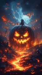 Poster - Pumpkins sinister faces glow casting light on the lava rivers where fiery imps play Bone serpents hiss while spectral wolves and ghostly figures dance in eerie synchronization haunting the scene