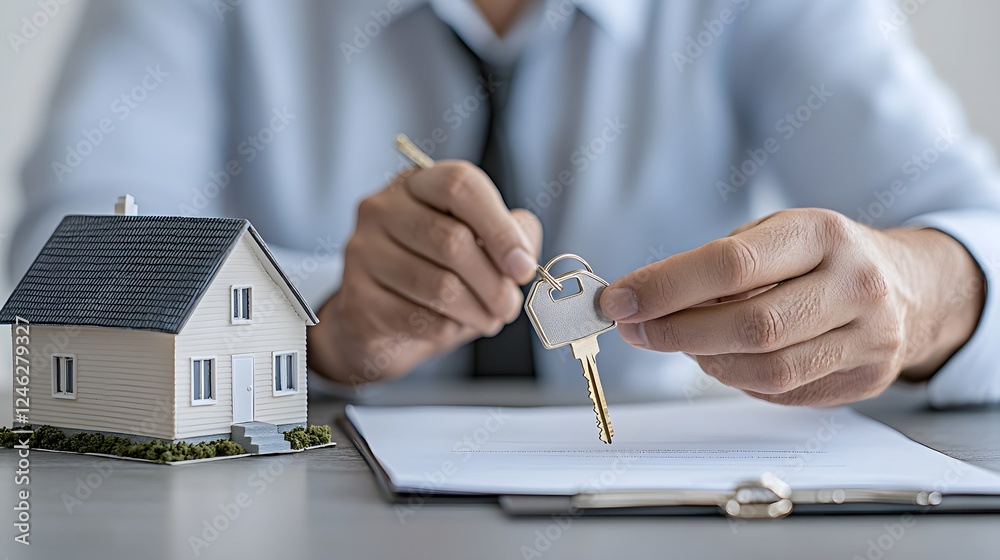 Realtor Signing a Contract and Presenting House Keys on Desk with a ...