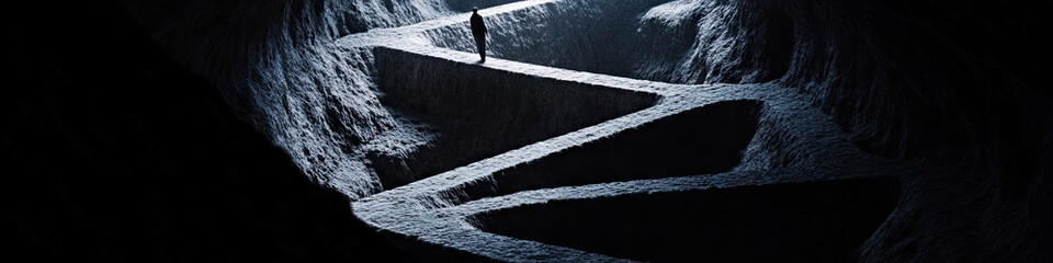 Wall Mural - Person on Zigzagging Path in Dark Rock Formation