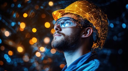 Poster - Construction worker with futuristic digital overlay.
