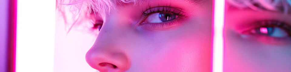 Poster - Close-up Portrait: Woman's Face with Neon Pink and Purple Lighting