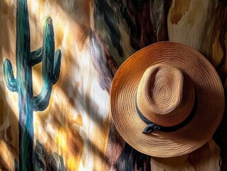 Straw hat hanging beside a painted cactus on a rustic wall