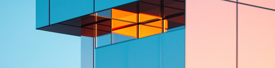 Wall Mural - Geometric Glass Facade with Internal Orange Cube Reflection