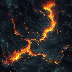 Fototapete - Topdown view of Abyss with chaotic landscapes including lava rivers mountains and eerie structures under ominous lighting