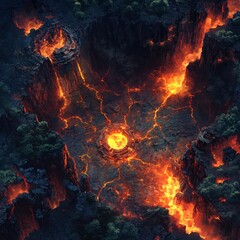 Poster - Topdown view of Abyss with chaotic landscapes including lava rivers mountains and eerie structures under ominous lighting