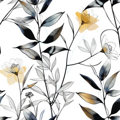 Wall Mural - Line art floral seamless pattern with watercolor splashes, spots, delicate black and gray leaves and flowers on a white background. Vector beautiful minimalist modern background. Hand drawn design.