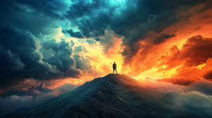 Poster - A lone figure stands atop a rugged mountain, gazing at an awe-inspiring sunset. The sky is a dramatic blend of fiery oranges and deep blues, creating a breathtaking backdrop