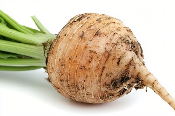 Aufkleber - Fresh Turnip with Green Leaves on a White Background Capturing the Natural Texture and Detail