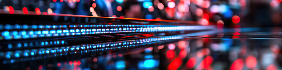 Poster - Reflective Surface with LED Lights and Bokeh Background