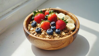 Wall Mural - Sunny breakfast Oatmeal with berries & banana. Healthy morning meal