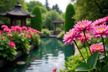 Wall Mural - Pink chrysanthemums in a botanical garden with water features, gardens, blossom